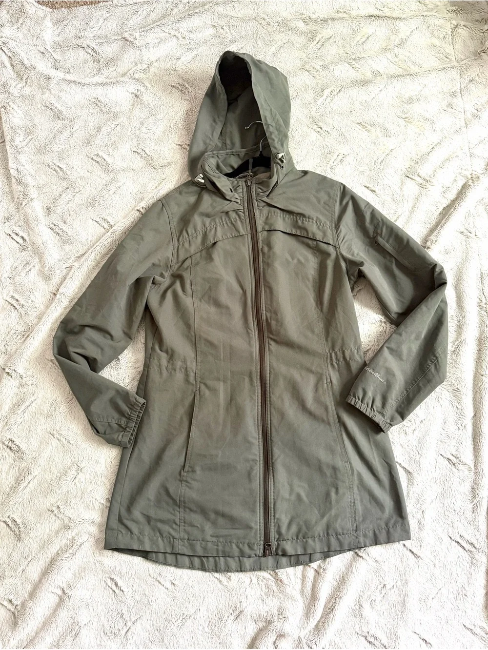 Eddie Bauer Women's Olive Green Hooded Long Rain Jacket